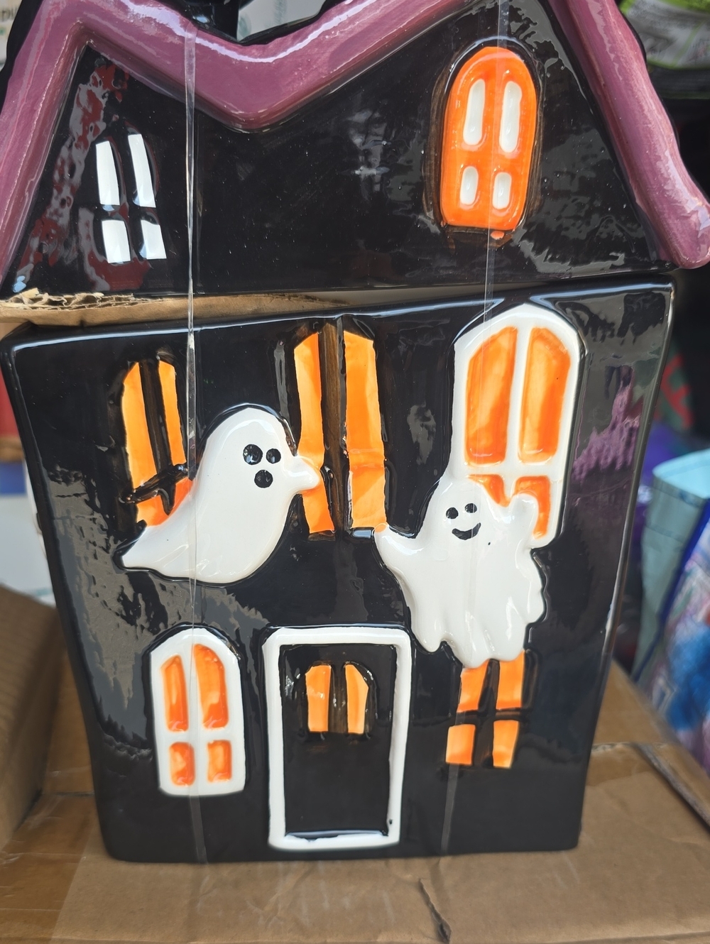 Halloween Ceramic Haunted House Candy Jar - Black and White with Orange Accents